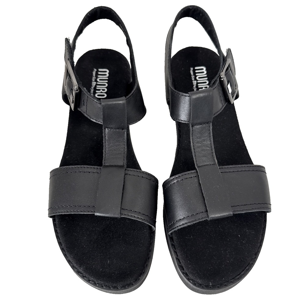Munro Mel Women's Leather Sandals Shoes 8.5 M Solid Black Hook Loop Adjustable
